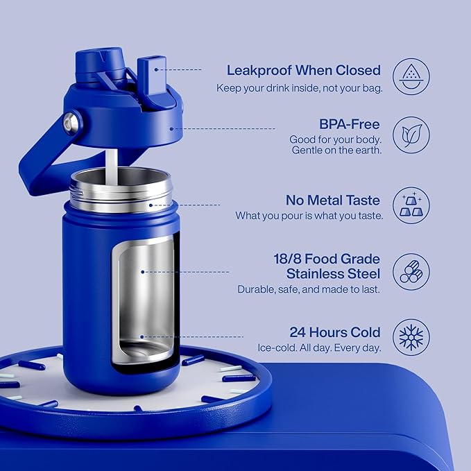 Kids Insulated Water Bottle with Straw - 12oz Stainless Steel Water Bottle with Dual Spouts, Leak-Proof, BPA-Free, Double Wall Vacuum Keeps Cold for 24 Hours for Sports, Travel, School (Royal Blue)