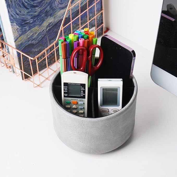 Round Leather Art Supply Organizer,Remote Control Holder,360 Degree Spinning,Multi-Functional Pencil Holder,4 Compartments Desktop Stationary Organizer(1-Crazy Blue)