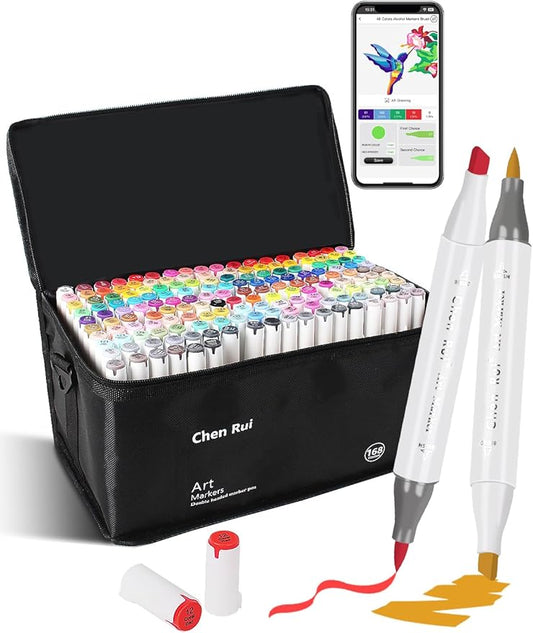 YHC 168 Colors Alcohol Markers Brush Tip with Free App, Chen Rui Series Chisel & Brush Tips Alcohol Brush Markers for Adults Coloring, Drawing, Painting, Illustration, Sketching