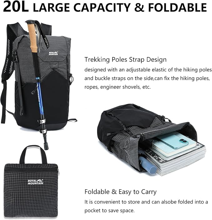 Hiking Backpack For Women&Men, 20L Lightweight Foldable Water Resistant Packable Travel Small Hiking Backpacks, Daypack Backpacks For Travel, Camping (Black)