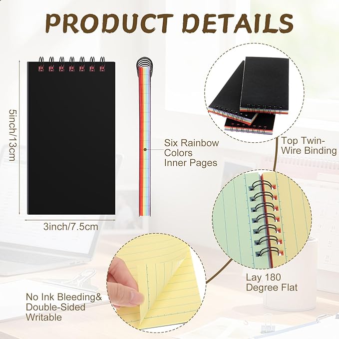 Tenceur 6 Pcs Pocket Notebook Small 3x5 Inch Black Cover Colorful Page Top Spiral Notepads Bound Notebook with Lined 120 Pages Memo Pads for Office College Nurse Essentials Back to School Gift