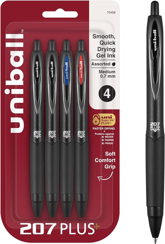 uniball 207 Plus+ Retractable Gel Pens, Medium Point (0.7mm), Assorted, 4 Pack