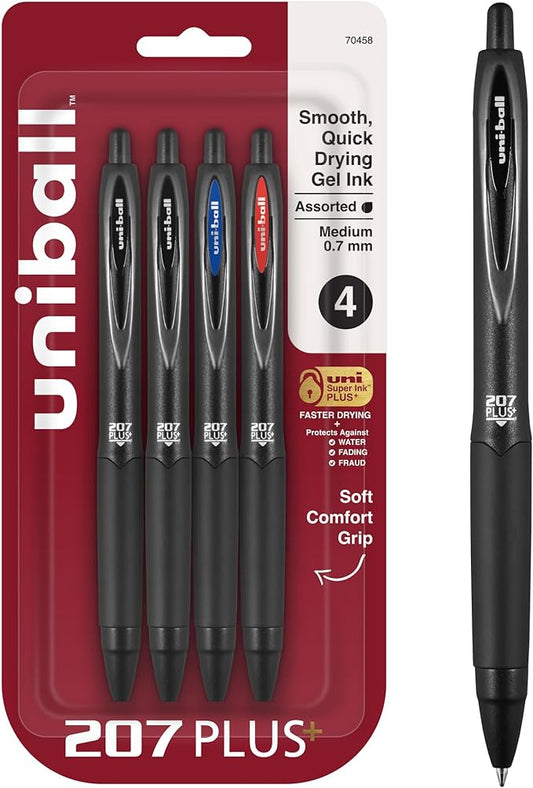 uniball 207 Plus+ Retractable Gel Pens, Medium Point (0.7mm), Assorted, 4 Pack