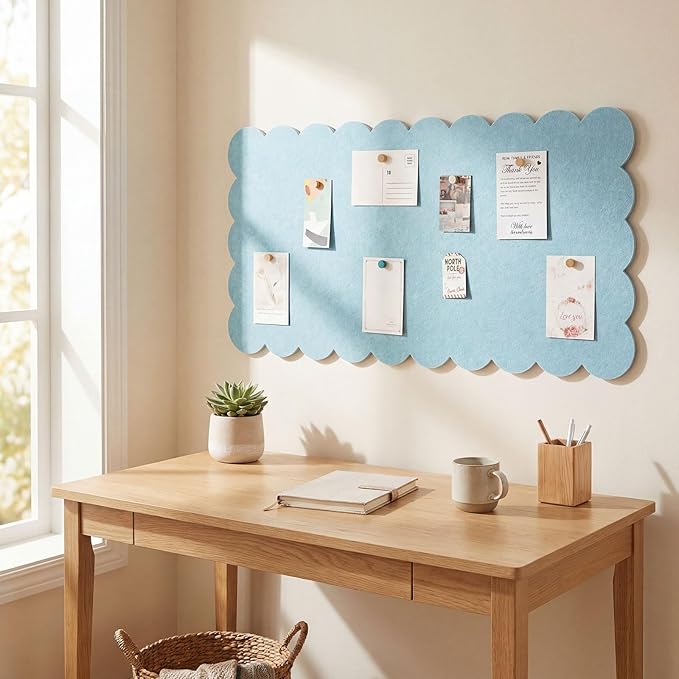 Mooliwe Scalloped Felt Bulletin Board Foldable Pin Cork Board Alternative for Wall Foldable Picture Vision Self Adhesive Bulletin Decorative(Light Blue,36 * 18 Inch)