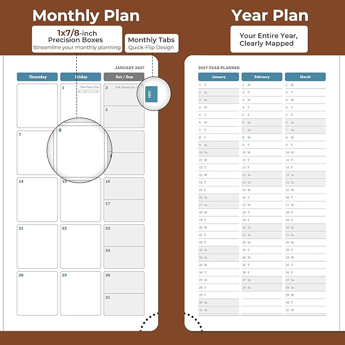 Planner 2026-2027 Daily Weekly and Monthly,6.5"x3.75",18 Months Spiral Bound Calendar Agenda with Self-adhesive Pen Holder,2026 Academic Plan with Vegan Leather Soft Cover,Brown