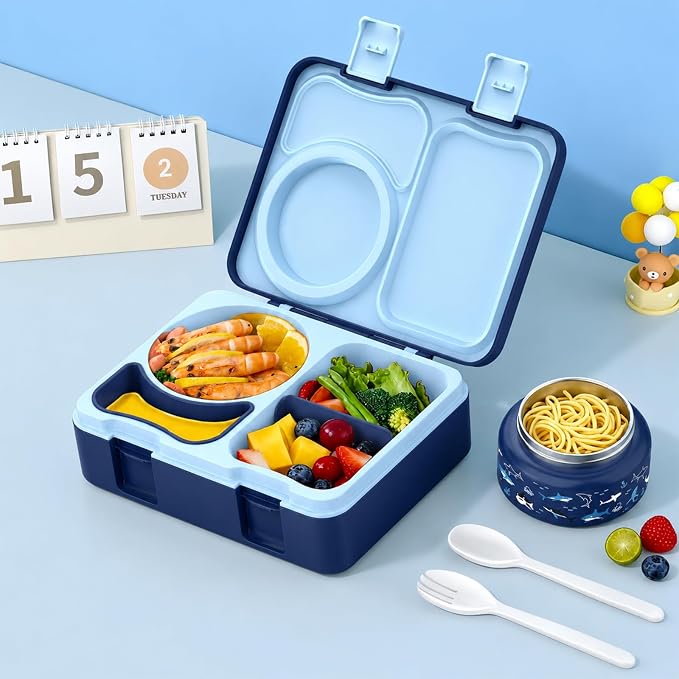 Kids Insulated Lunch Box with 8OZ Thermo Food Jar | Leakproof Bento Box with Ice Pack Sauce Cup Utensils Removable Tray & Dividers for School Daycare Travel, Sharks