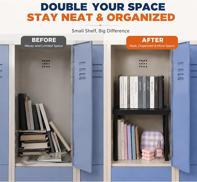 Svartur Locker Shelf for School Locker Adjustable Height and Width, Locker Organizer Shelf Stackable Locker Tools for Gym Lockers, Office, Back to School Essentials, Black