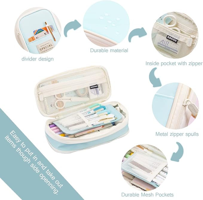 MAMUNU Expandable Pencil case with compartments, Large Capacity Pencil Cases Pencil Bag Pouch Office School, Portable Pencil Case Large School Stationery Organizer, Makeup Cosmetic Bag, Blue