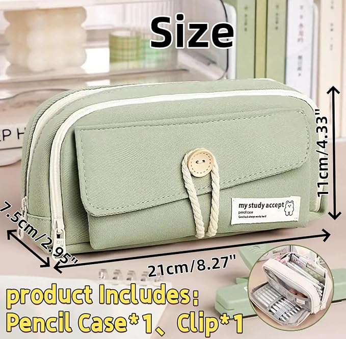 Simple Style Cotton Rope Pencil Holder - Large Capacity Multi-layered Pencil Case Organizer, Aesthetic Minimalist Fabric Pen Pouch with Zipper, Durable Eco-Friendly Pen Pouch Bag (Green)