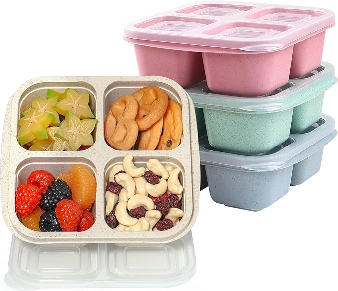 LCHLZZ 4 Pack Snack Containers, 4 Compartments, 2-Cup Capacity, BPA-Free | Reusable Bento box with Easy-open Lids, Microwave & Dishwasher Safe, Perfect for Meal Prep, Office snacks, Travel and Picnics