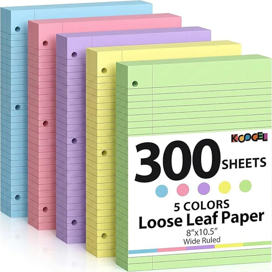 Koogel Wide Ruled Loose Leaf Paper, 8 x 10.5 Inch Filler Notebook Lined Paper, 5 Color, 3 Hole Punch Lined Writing Notebook for 3 Ring Binders for College Essentials School Office Supplies, 300 Sheets