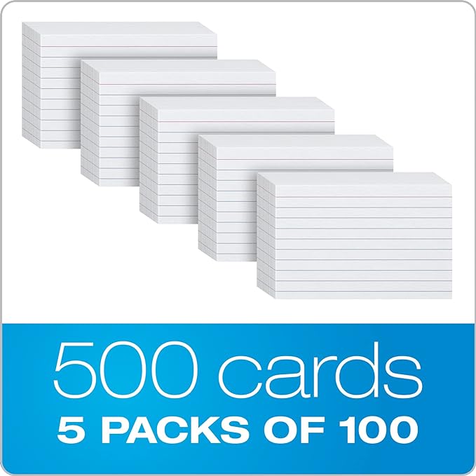 Oxford Index Cards, 500 Pack, 3x5 Index Cards, Ruled on Front, Blank on Back, White, 5 Packs of 100 Shrink Wrapped Cards (40176), Pack of 20