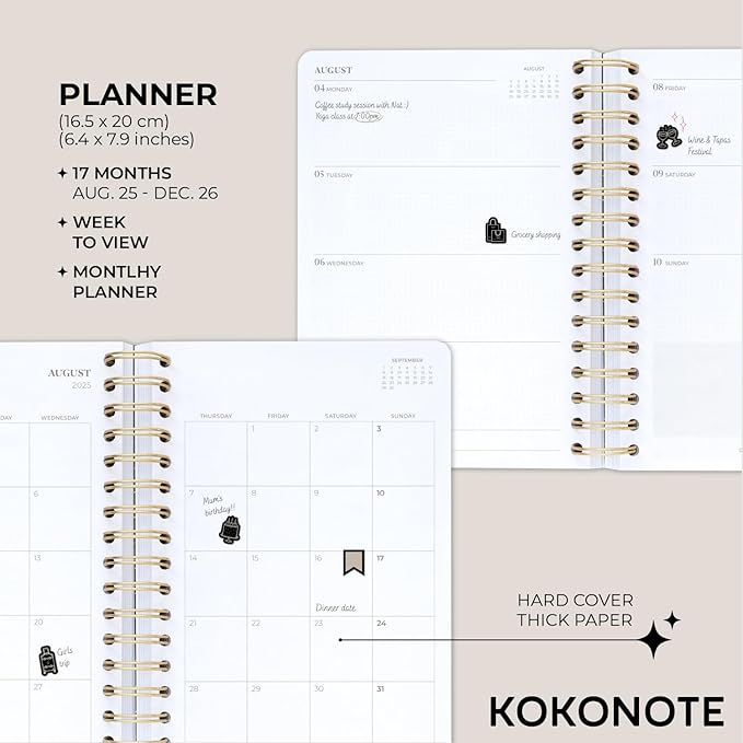 KOKONOTE Planner 2025-2026 William Morris Wall Art - Planner for Women 17 Month(Aug 25/ Dec 26) | Weekly & Monthly Academic planner 2025-2026 | 6.4" x 7.9" | Hardcover Agenda 2025 | Thick paper 120 g/m²