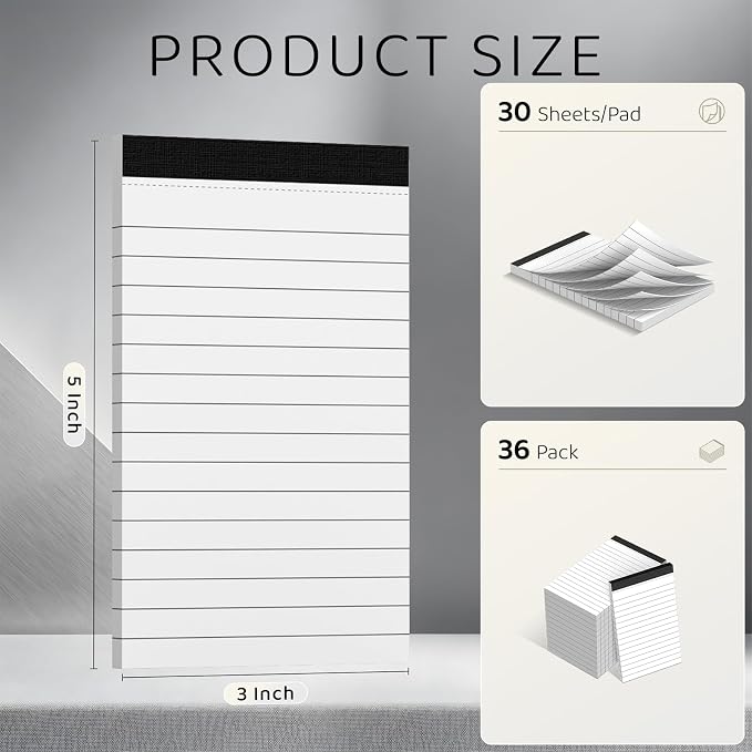 3x5 Lined Notepads 36-Pack - White Ruled Memo Pads with Firm Backing for Daily Lists, School Notes & Office Reminders | Smooth No-Bleed Paper for Students, Teachers & Professionals