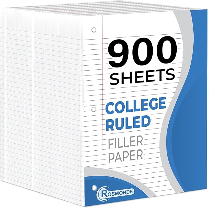 Rosmonde 6 Pack Loose Leaf Paper, 900 Sheets, College Ruled, 8" x 10.5", Bulk Office Filler Paper, 150 Sheets/Pack, 3 Hole Punched, College Ruled Paper for 3 Ring Binder, Notebook Paper, White