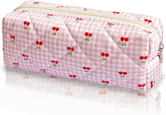 Pencil Pouch Cute Pencil Case Office Storage Bag Holder Box Organizer Aesthetic Bow Flower Pattern Makeup Pouch Cosmetic Bag for Women Girls (Pink plaid+Cherry)