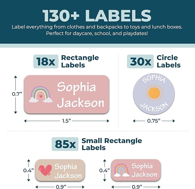 Bunny Badges Personalized Daycare Name Labels for Kids (130 Labels) - Custom Waterproof Name Stickers for Clothing Tags, Water Bottles, Lunch Boxes and School Supplies (Daydream)