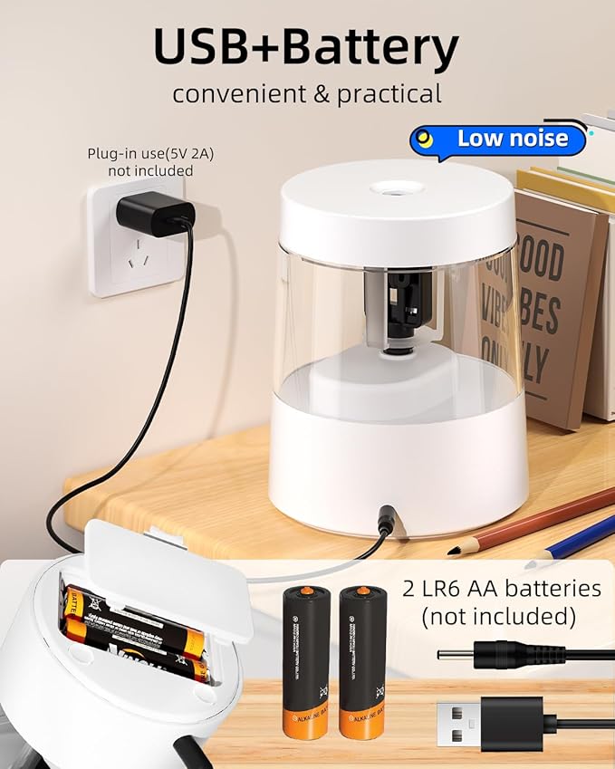 ZMOL Electric Pencil Sharpener - Battery/USB Powered, 3 Sharpening Modes, for No.2 & Colored Pencils, White