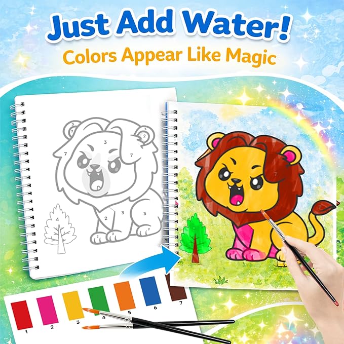 Water Coloring Books for Kids Ages 4-10, 2 Pack Paint by Sticker Activity Book, 20 Designs, Mess-Free Coloring with Built-in Paint & Brush, Travel Toys Gift