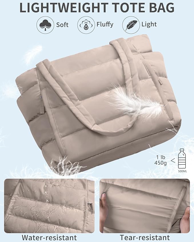 Bagstellar Puffer Tote Bag for Women, Lightweight Puffy Work Handbag Teacher Nurse Quilted Shoulder Bag for School Travel Gym | Cloud Bag w/ Zipper
