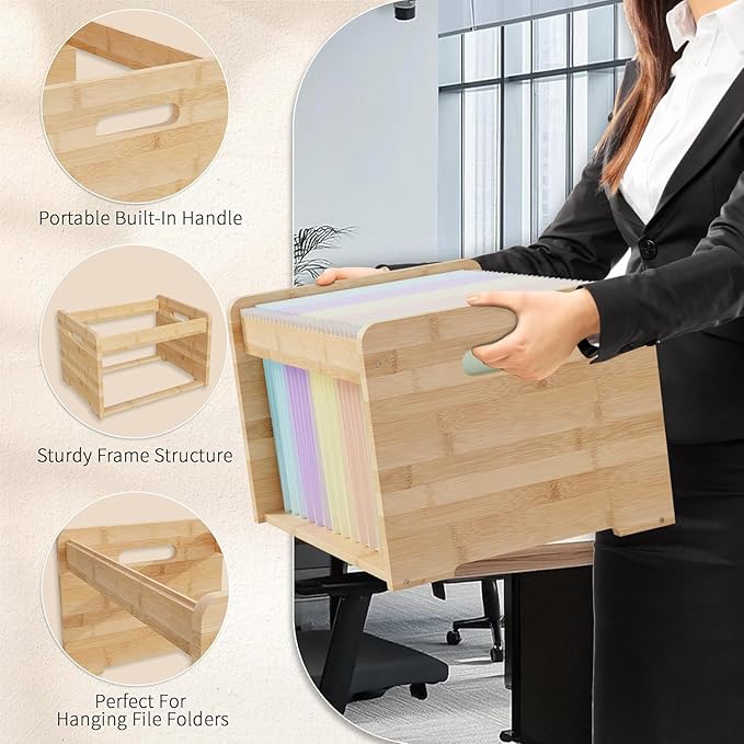 2 Pack Bamboo Hanging File Organizer, Office Desk File Organizer for Letter Size, Wood Hanging File Folders Organizer Record Holder Storage Stand Bookshelf Easy Assembly for Home, Natural