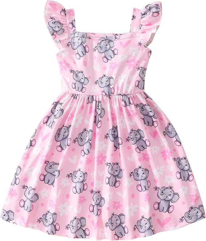 Popshion Girls Dresses Flutter Sleeve Swing Sundress Toddler Summer Clothes Kid Birthday Party Sleeveless Dress 1-8 Years Old