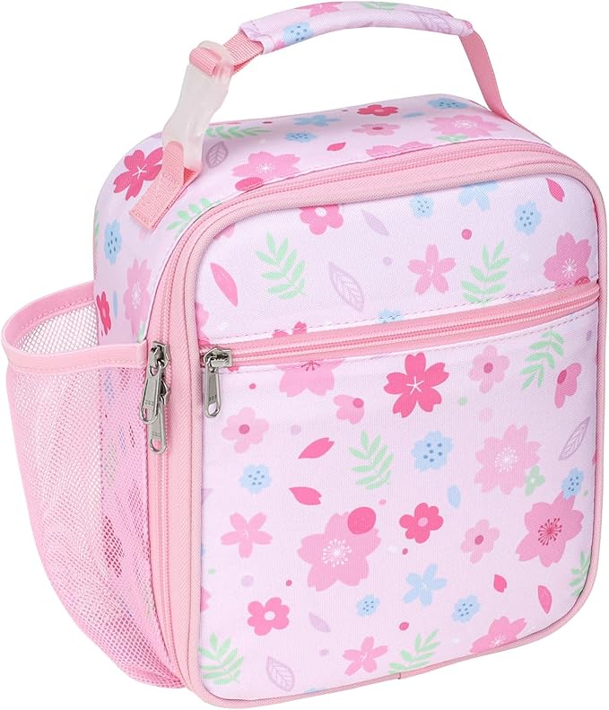 Bagseri Kids Lunch Box for Girls - Insulated Toddler Lunch Bag Fits Bento Box, Reusable Daycare Cooler Tote with Clip Handle, Water-Resistant Lining, Pink Floral