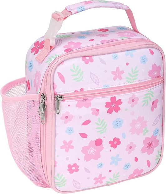 Bagseri Kids Lunch Box for Girls - Insulated Toddler Lunch Bag Fits Bento Box, Reusable Daycare Cooler Tote with Clip Handle, Water-Resistant Lining, Pink Floral