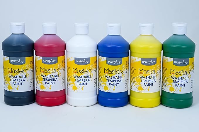 Handy Art Little Masters Washable Tempera Paint, 16 oz Bottles, Set of 6 Colors, Bright & Mixable, Washable Colors for Classroom, Students, Kids, Young Artists, Safe & Non-Toxic, Made in USA