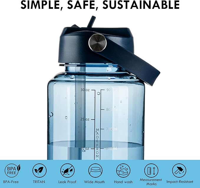OLDLEY 32 oz Clear Water Bottle with Straw,Tritan BPA-Free, Wide Mouth, Leak Proof - for Gym, Travel, Home, School, Office (Midnight Blue)
