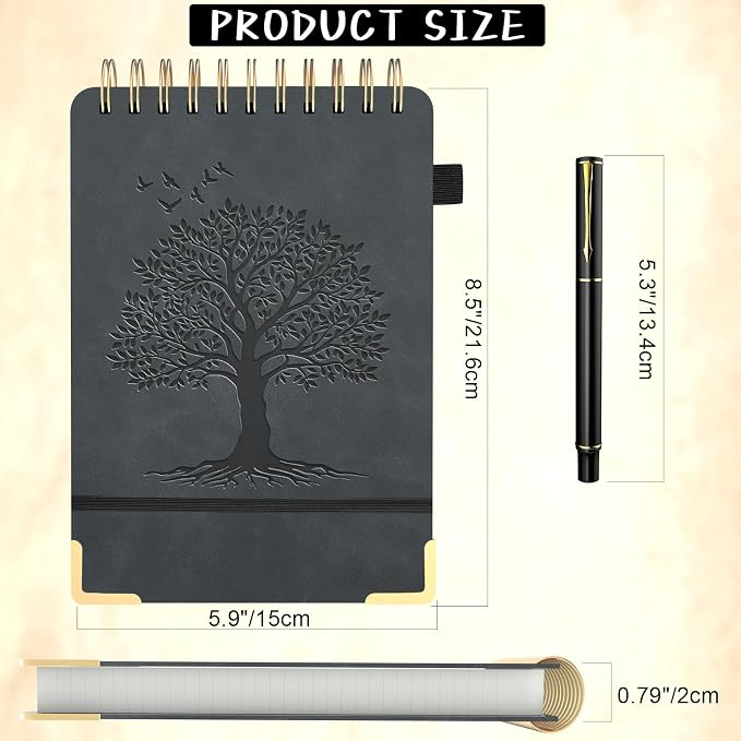 A5 Top Spiral Notebook, Tree Pattern Large Leather Hardcover Left Handed Journal, 240 Pages 100 Gsm Lined Paper Top Bound Steno Pads for Work, School, Travel Writing - Black, 5.9" x 8.5"