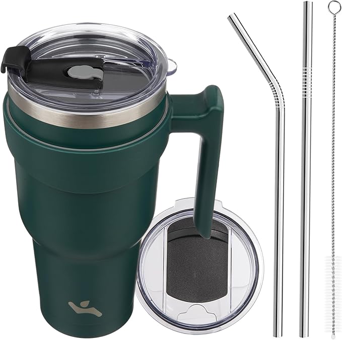 Konokyo 40 oz Tumbler with Handle and 2 Straw 2 Lid, Insulated Water Bottle Stainless Steel Vacuum Cup Reusable Travel Mug,Army Green