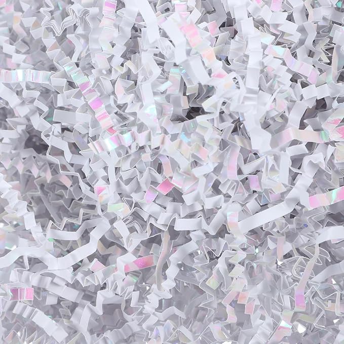 TEHAUX Colorful White Raffia Paper Shred Basket Filler 100g Pack, Crinkle Wrapping Box Filler for Packaging, Decorative Basket Stuffing for Presents and Crafts