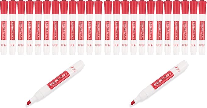 Amazon Basics Dry Erase Whiteboard Markers, Chisel Tip, Low-Odor, Red, 24-Pack, For Writing on Whiteboards