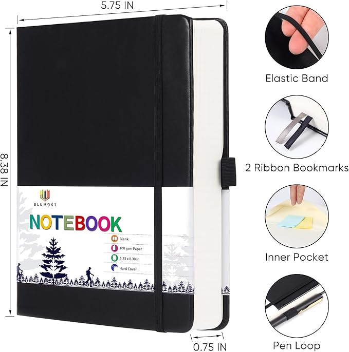 Blank Paper Notebook - 280 Pages A5 Blank Journal Notebook with 100gsm Thick Blank Paper, Hardcover, PU Leather, 5.75'' × 8.38''-Black