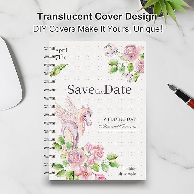 RETTACY Dotted Journal Notebook, 300 Pages, A5 Medium Size (5.7'' × 8.2''), 100 GSM Thick Paper, Flexible Plastic Cover, Spiral-bound, for Journaling, Planning, Tracking (Transparent)