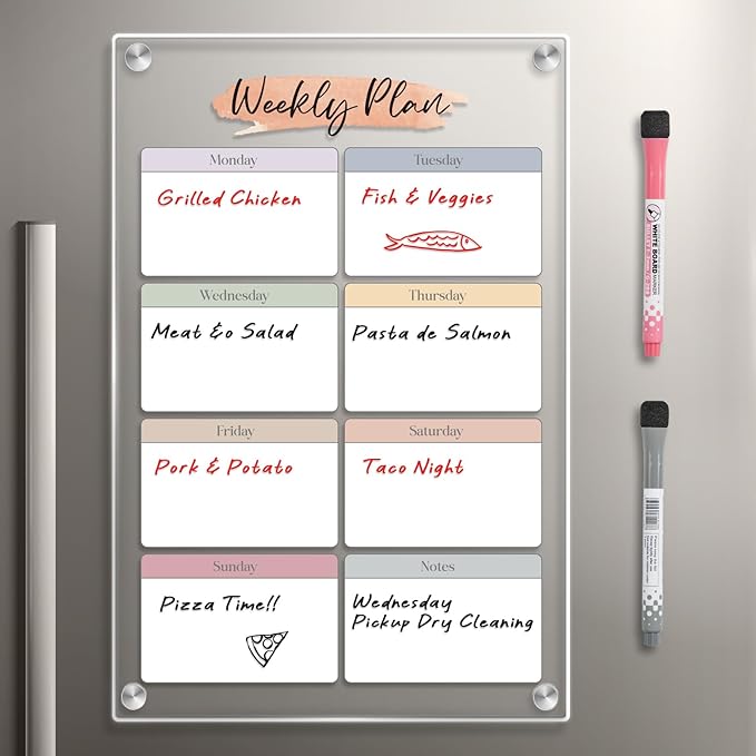Magnetic Acrylic Weekly Dry-Erase Board -8x12 Inch Fridge Calendar Organizer, Color-Block Design for Clear Visual Planning, with Erasable Magnetic Markers, Ideal for Workers, Students, Home, Office
