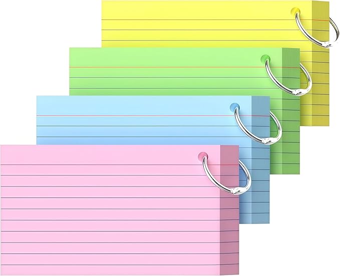 3x5 Inch-200 Count Index Cards with Key Ring, 4 Color Colored (50 Sheets Each) Flash Cards,Students, Teachers, Study Note Cards,table Note Taking for Office Home School