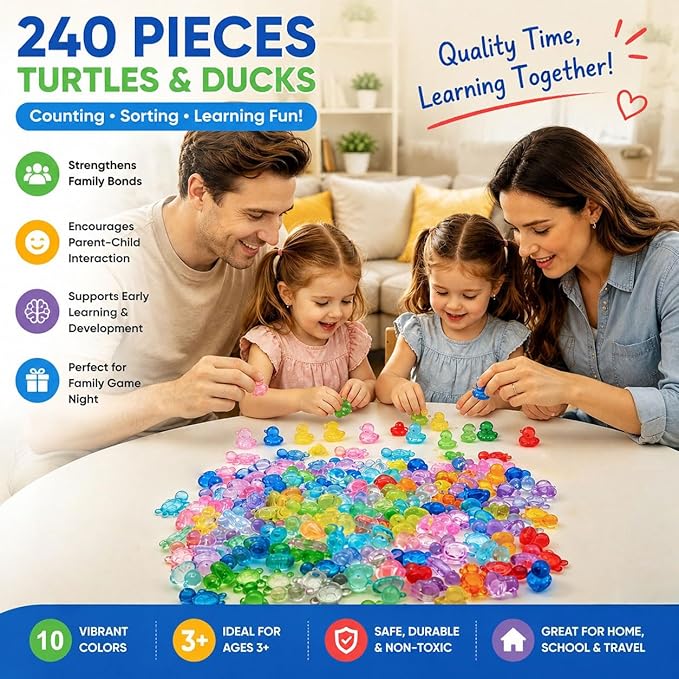 240PCS Translucent Counting Toys for Preschool, Turtle & Duck Sorting Manipulatives, Montessori Math Counters, Sensory Bin Fillers, Classroom Learning Toys for Toddlers with Storage Box