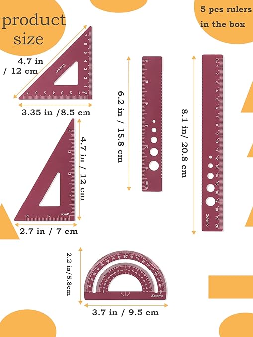 Metal Geometry Set, 5-Piece Aluminum Ruler, Math Drafting Ruler Kit Includes Protractor, Triangle Rulers, Straight Rulers-Math Measurement Tools for School and Office Supplies (Plum Red)