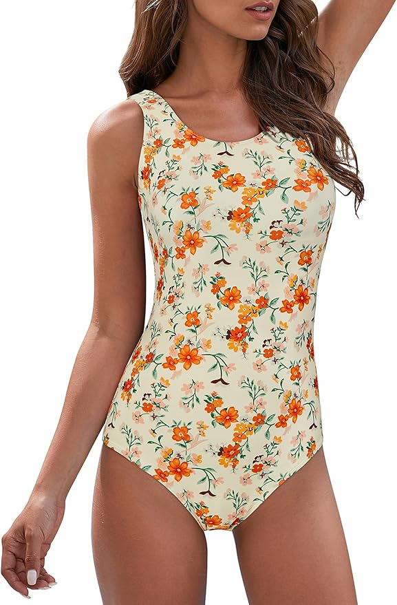 Modest Full Coverage One Piece Swimsuit Floral Bathing Suit Criss Cross Back Swimwear with Built-in Bra