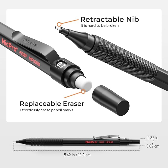 Nicpro 20PCS Black Metal Mechanical Pencil Set in Leather Case | Drafting Pencil 0.3/0.5/0.7/0.9/2mm Lead Holders, 9 Tube (4B 2B HB 2H Colors) Lead Refills, Erasers For Art Sketching Drawing