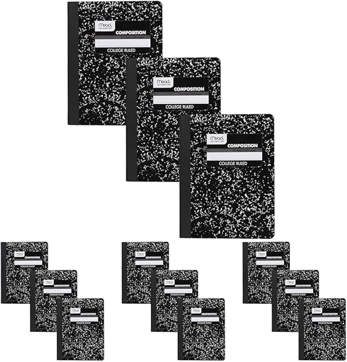 Mead Composition Notebook, 12 Pack, College Ruled Paper, 7-1/2" x 9-3/4", 100 Sheets per Comp Book, Black Marble (38111)