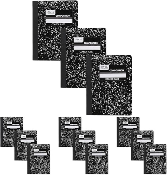 Mead Composition Notebook, 12 Pack, College Ruled Paper, 7-1/2" x 9-3/4", 100 Sheets per Comp Book, Black Marble (38111)