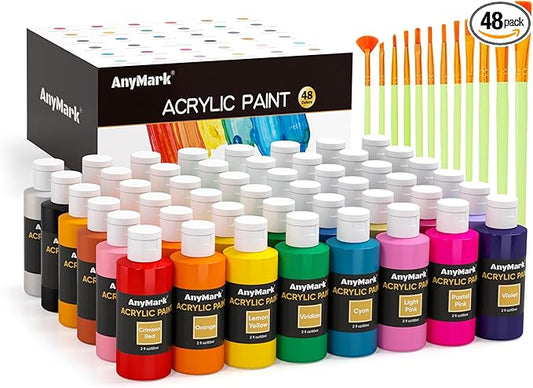 AnyMark Acrylic Paint Set, 48 Classic Colors with 12 Brushes, 2 fl oz/60ml Bottles, Art kit Painting Supplies for Kids Adults Canvas, Rock, Wood