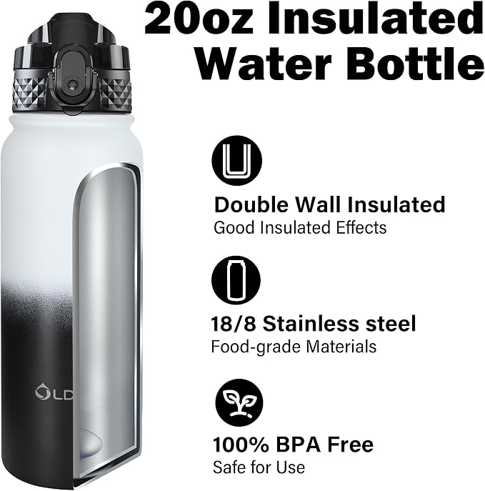 Oldley Insulated Water Bottle 20oz Water Bottles with Straw, Stainless Steel Water Bottle with 3 Lids, Double Wall Vacuum Thermo for Adults Kids,Leak-Proof Sport Bottles for School Travel, White Black