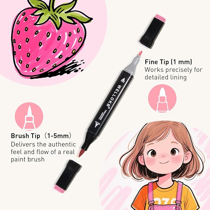 WELLOKB Alcohol Markers Set, 60 colors Alcohol Based Dual Tip, Broad and Brush Tip for Adult Coloring Books, Drawing, Sketching (60)