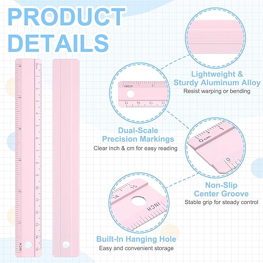 PATIKIL Metal Ruler 6 Inch/15cm, 8 Pcs Aluminum Straight Edge Ruler, Dual Scale Measuring Tool with Inch/Centimeter Scales & Hole for Math Office Drawing Engineering Pink/Yellow/Blue/Green
