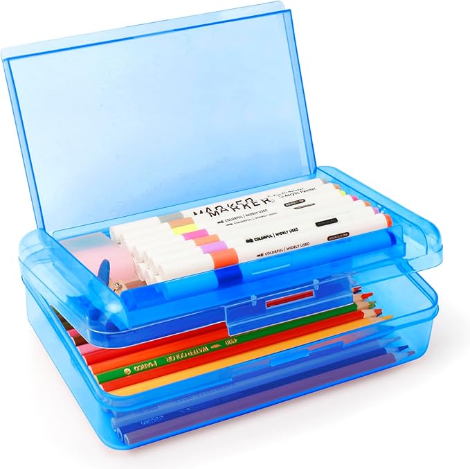 Double Layer Large Capacity Pencil Box,Plastic Translucent Pencil Box, Hard Pencil Cases with Snap-Tight Lid for Pens, Pencils, School Supplies,Office Supplies,Medium-sized,1 Pack