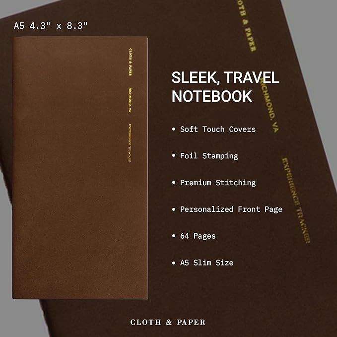Cloth & Paper Travel Notebook | Experience Journal Tracker – Walnut | A5 Slim Travel Journal Notebook 4.3" x 8.3" | Experience Log for Restaurants, Travel, Places & Activities – Soft Touch Cover